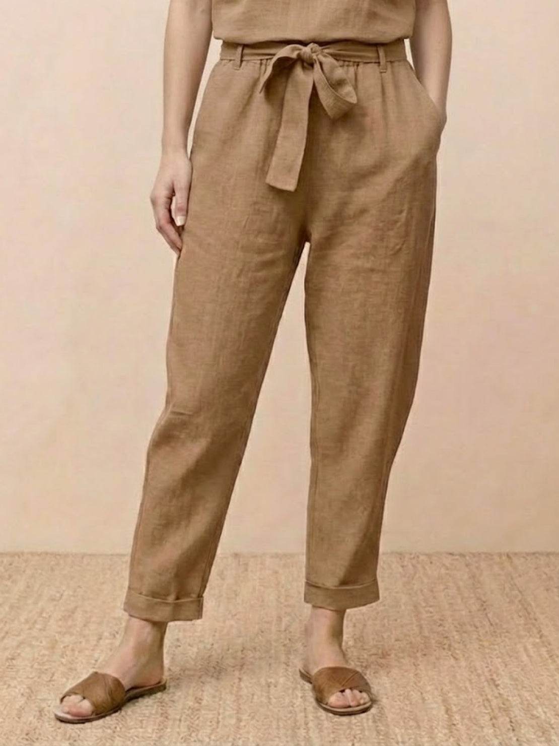 Breathable cotton linen set with relaxed short-sleeve top and straight-leg pants in monochrome tones