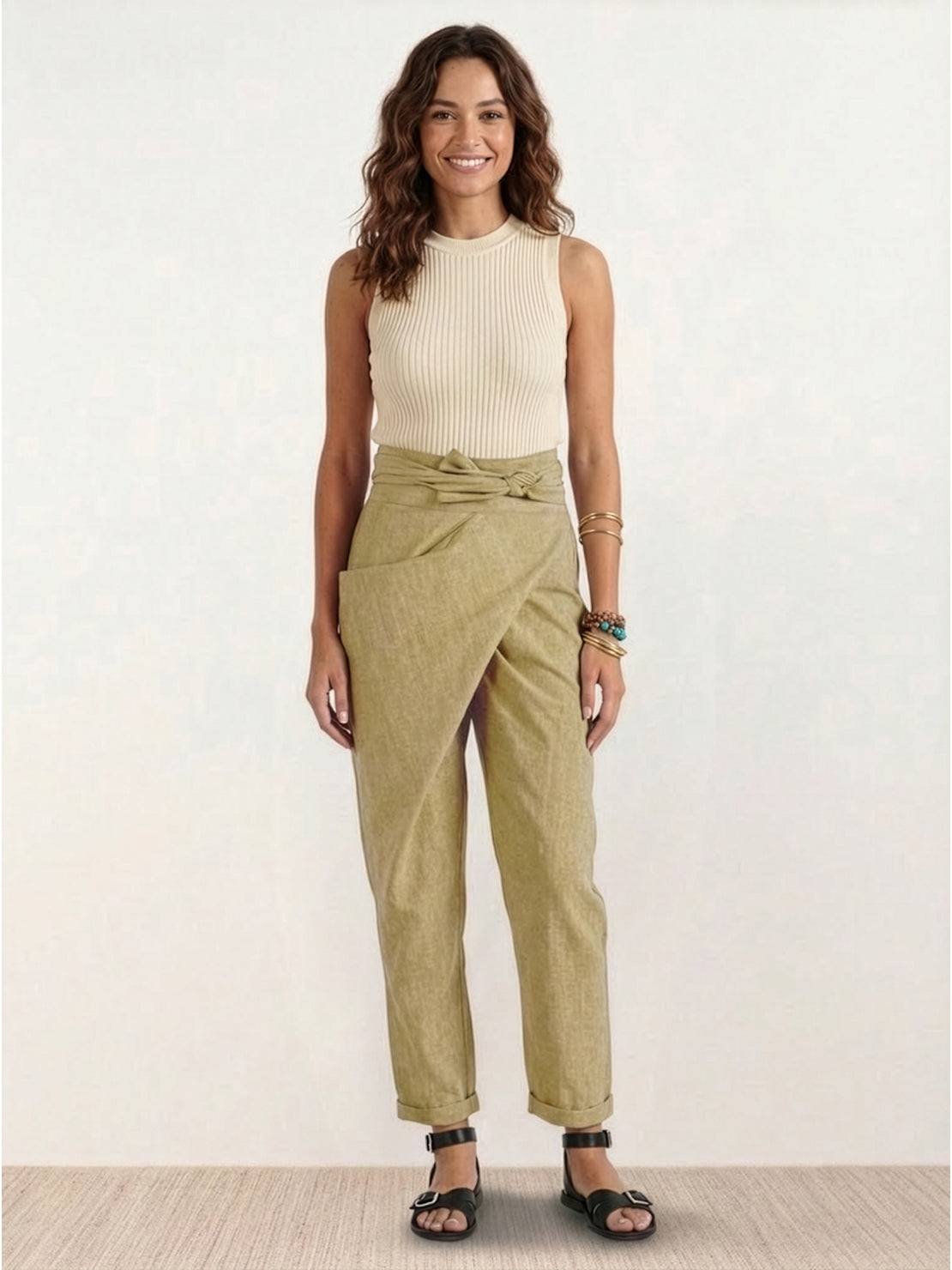 Woman wearing high-waist wrapped comfy pants in casual setting