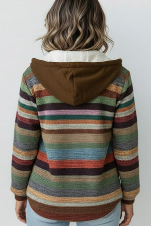 Back view of Highland Plaid Shacket with multicolor stripes and brown hood on woman