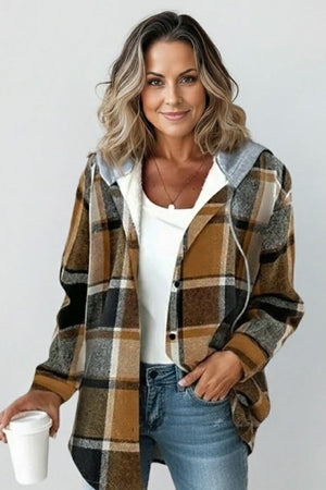 Highland Plaid Shacket women's relaxed fleece-lined plaid shirt jacket with hood and button front closure