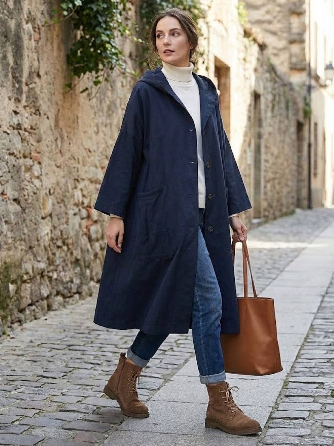 Woman wearing oversized navy waterproof windbreaker jacket with hood and large pockets walking on cobblestone street