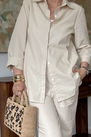 Oversized 100% cotton shirt and wide-leg pants co-ord set in beige with relaxed fit and breathable fabric