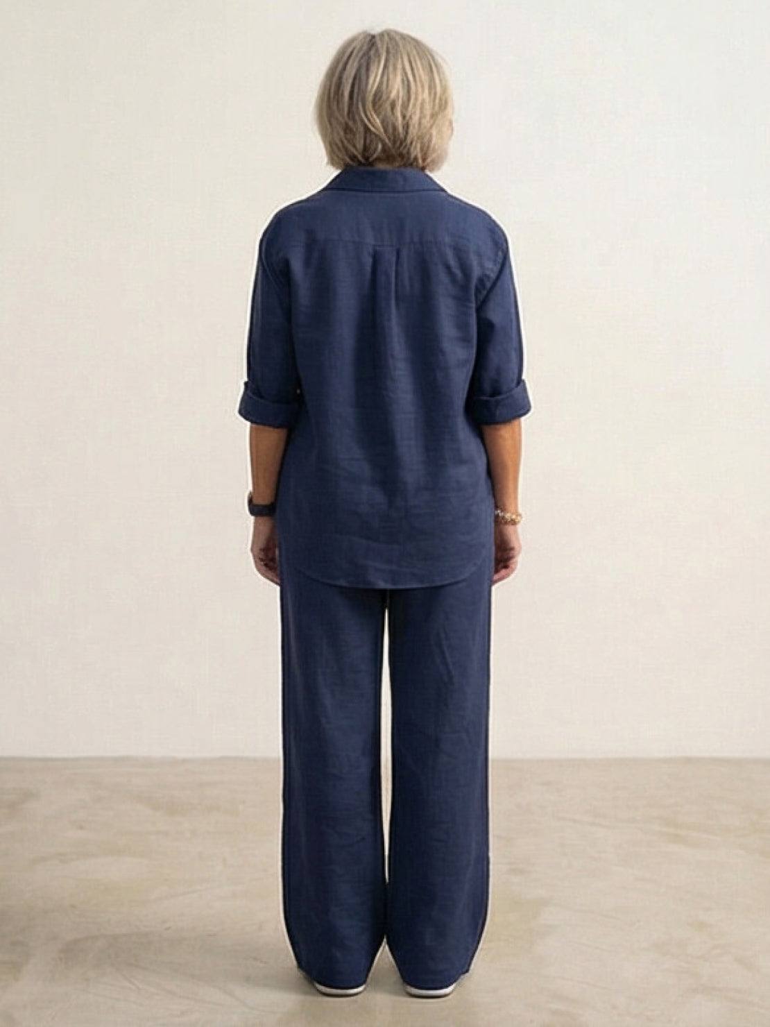 Model wearing oversized 100% cotton shirt and wide-leg pants co-ord set in relaxed fit