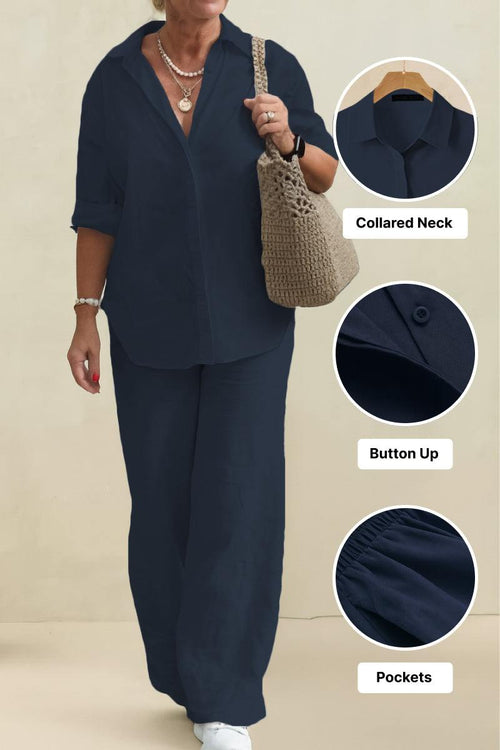 Oversized 100% cotton shirt and wide-leg pants co-ord set in navy blue with collared neck, button-up front, and pockets for breathable comfort and relaxed style