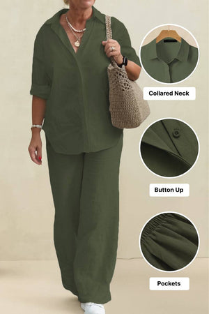 Oversized 100% cotton shirt with collared neck and button-up front paired with wide-leg pants featuring pockets in dark green co-ord set
