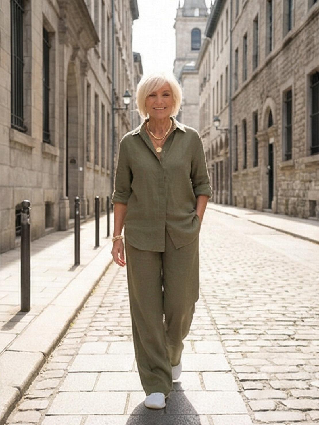 Woman wearing oversized 100% cotton shirt and wide-leg pants co-ord set in relaxed style