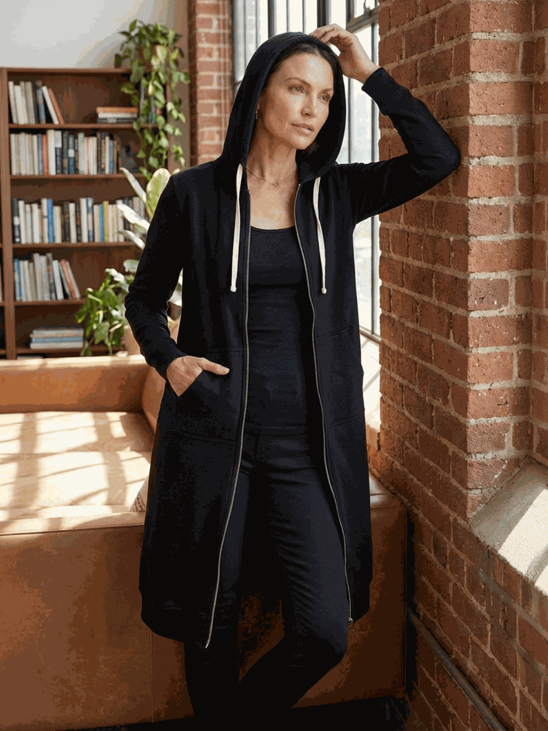 Oversized long zip sweatshirt hoodie with fleece lining and front pockets