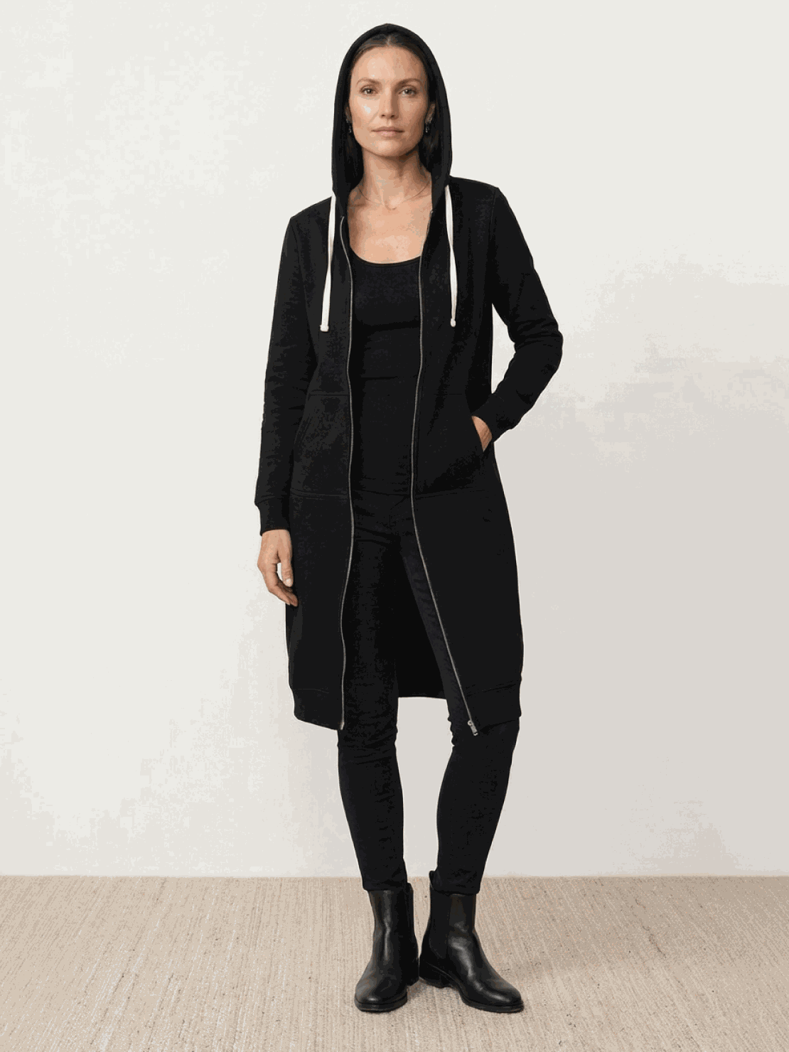 Oversized long zip sweatshirt hoodie with fleece lining and drawstring hood for women