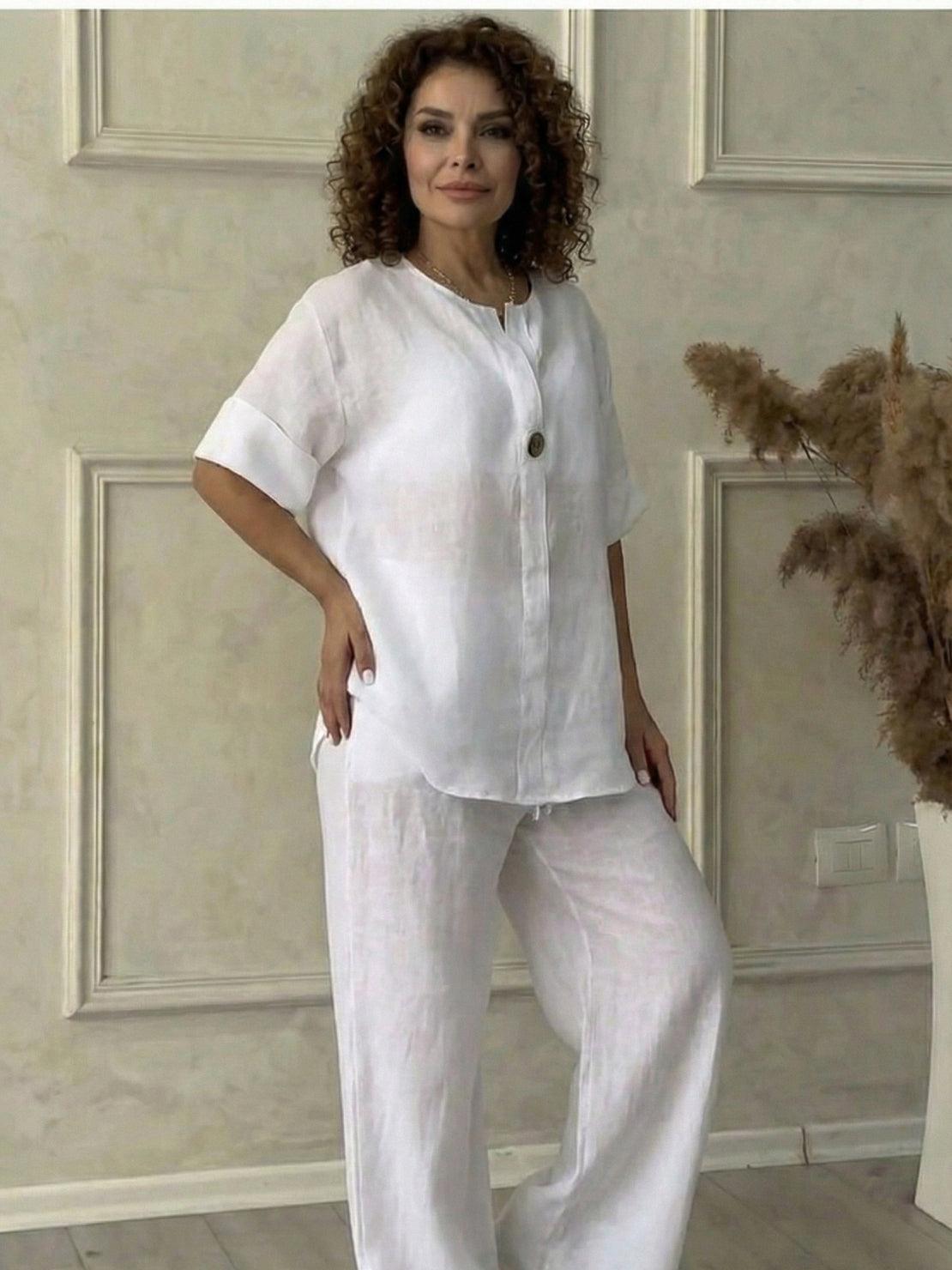 Pure linen two-piece casual comfort set in breathable fabric with one-button closure