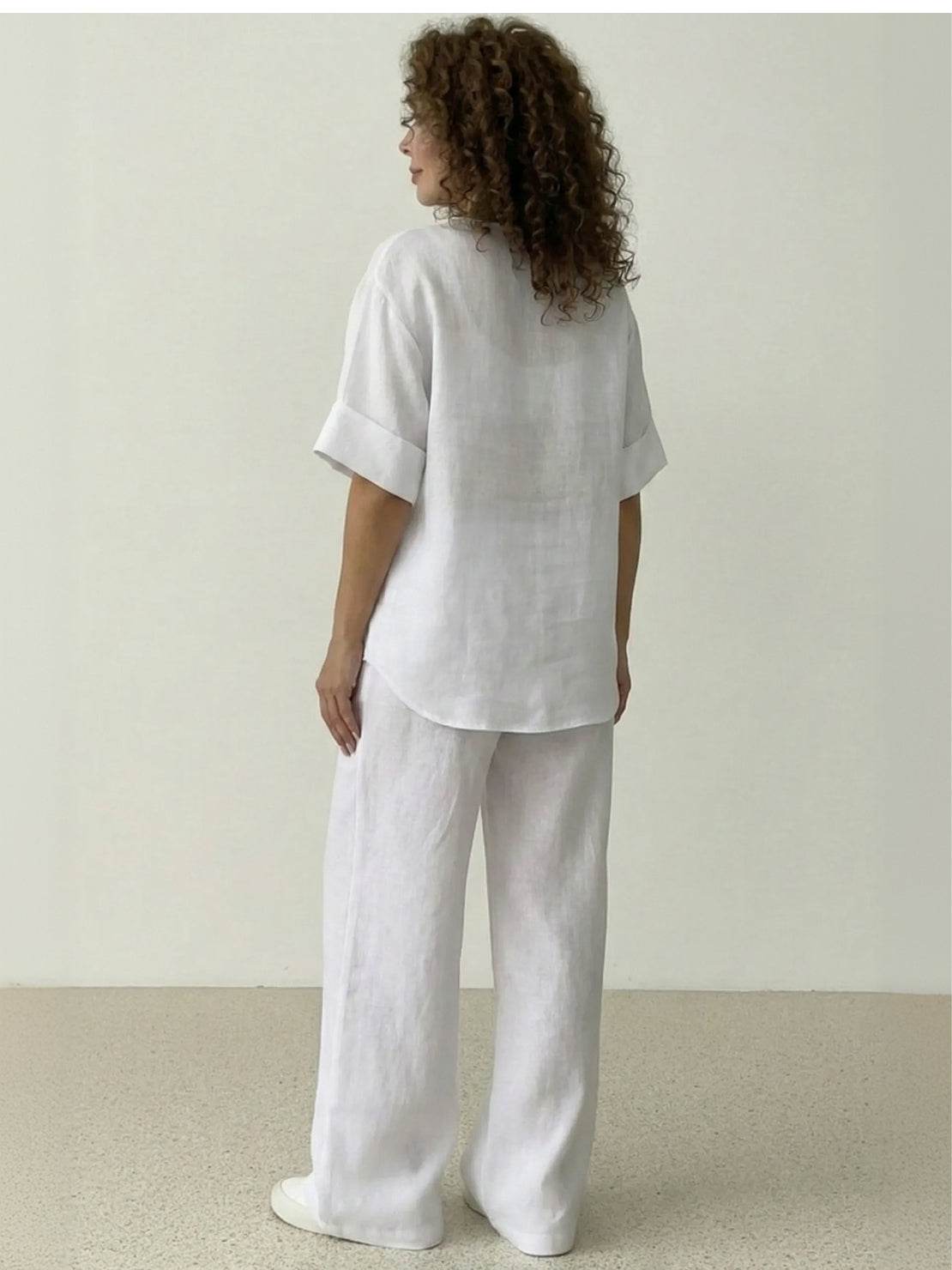 Pure Linen Two-Piece casual comfortable women's linen outfit set with button closure