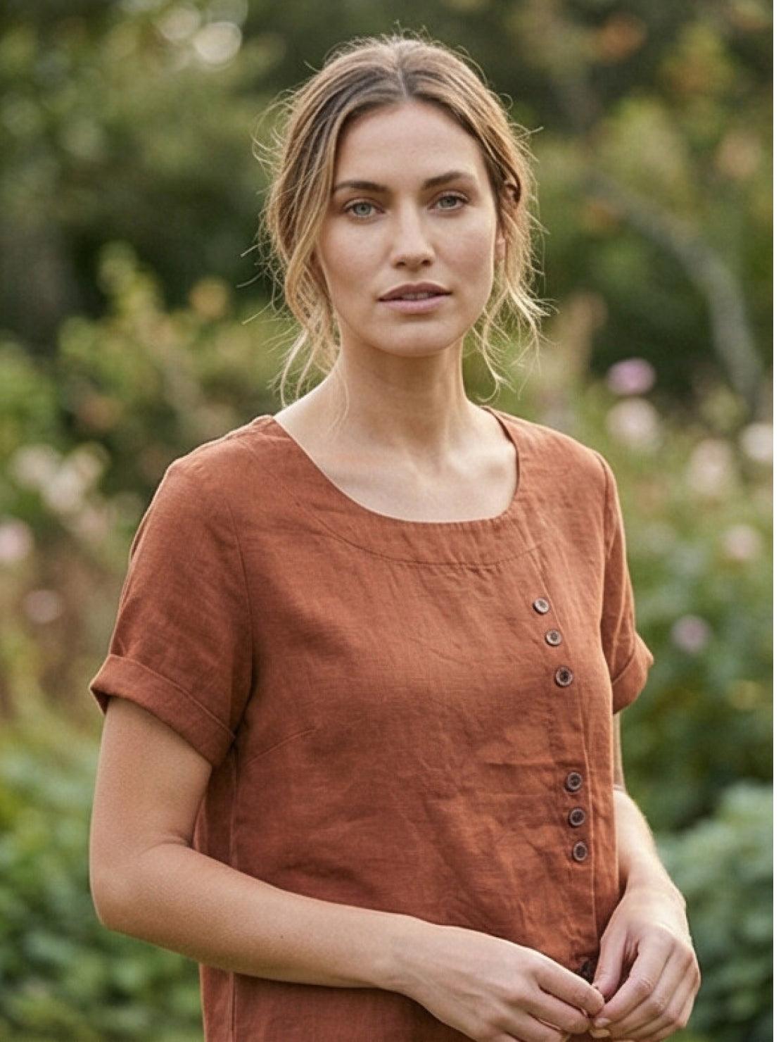 Relaxed Fit Linen Button-Up Tee in breathable cotton linen with button accents and loose fit for comfort