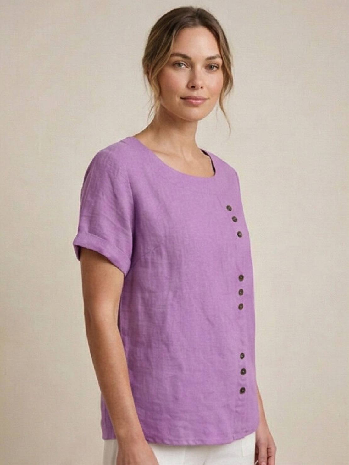 Relaxed Fit Linen Button-Up Tee in breathable cotton linen with button detail and short sleeves