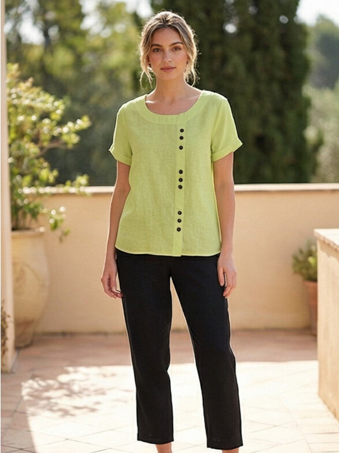 Relaxed Fit Linen Button-Up Tee in breathable cotton-linen fabric with short sleeves and stylish button detail.