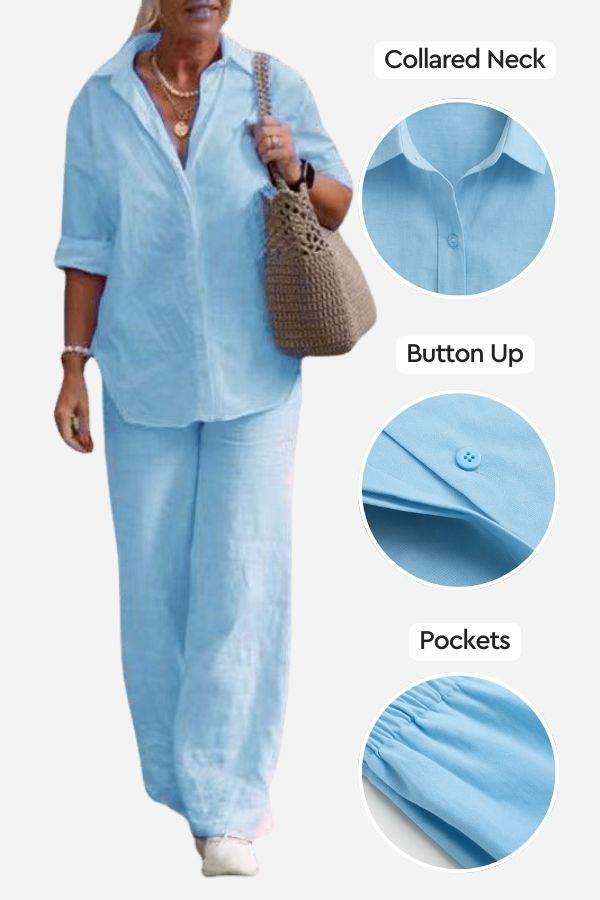 Light blue relaxed shirt and trousers two-piece set with collared neck, button-up front, and pockets, styled for casual comfort and everyday wear.