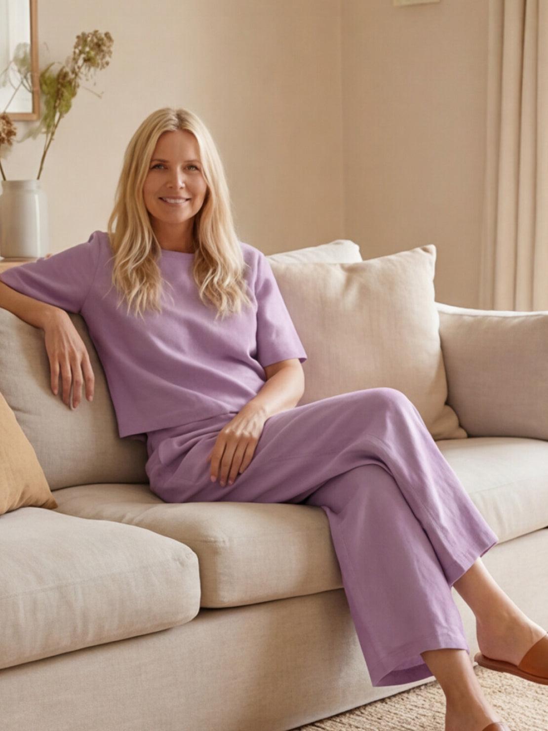 Woman wearing The Meadow loose fit co-ord set with soft-tailored top and wide-leg bottoms in solid color