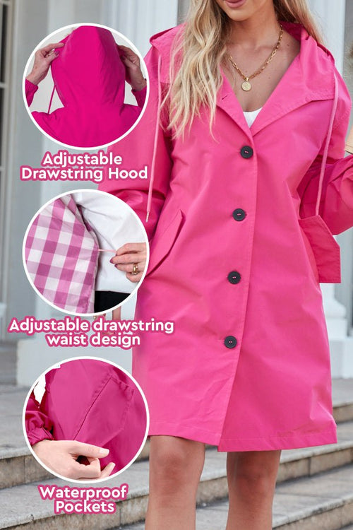 Pink Rain Couture Windbreaker with adjustable drawstring hood and waist, waterproof pockets, oversized water-resistant jacket for women