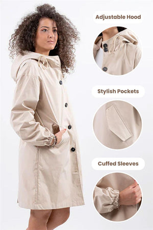 Beige Rain Couture Windbreaker with adjustable hood, stylish pockets, and cuffed sleeves on female model