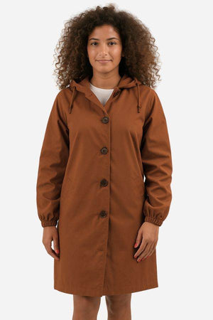 brown Rain Couture Windbreaker jacket with oversized fit and hood on woman model