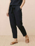Cotton linen monochrome straight-leg breathable pants with adjustable drawstring waist