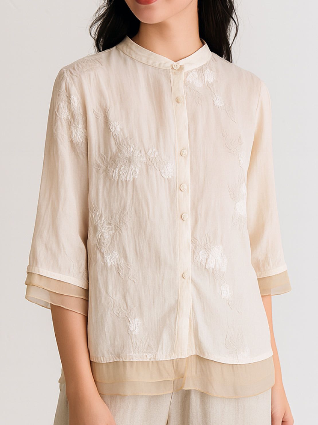 100% Cotton Linen Tuscany Rise 2 Piece Set with sheer embroidered top and wide-leg linen trousers on white background