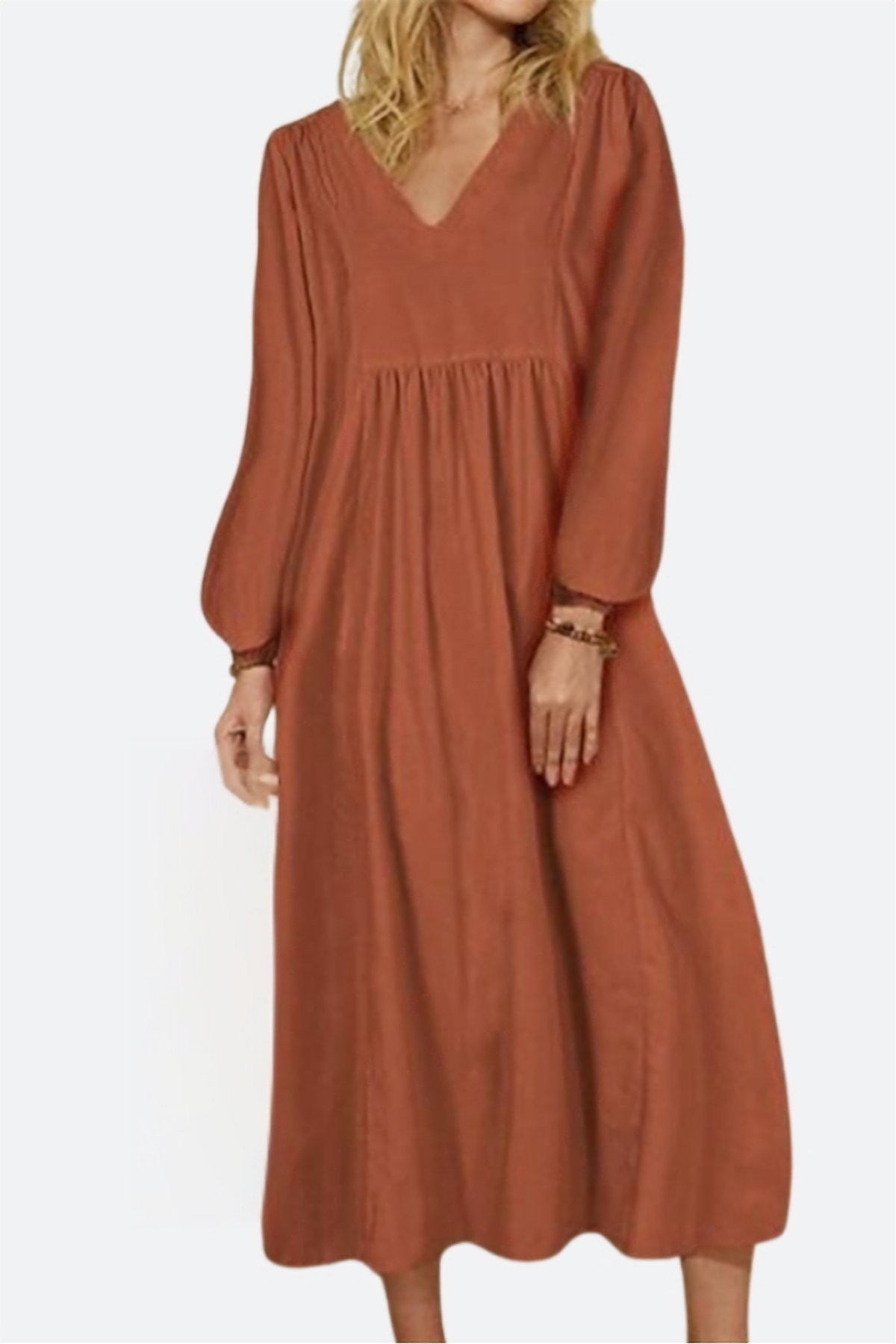 Rust-colored midi long sleeve spring dress with V neckline and loose fit for comfortable, elegant wear