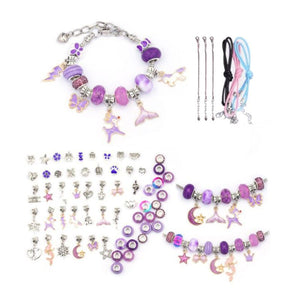 Kids bracelet-making kit with purple beads, silver charms, and adjustable chains for creative jewelry crafting.