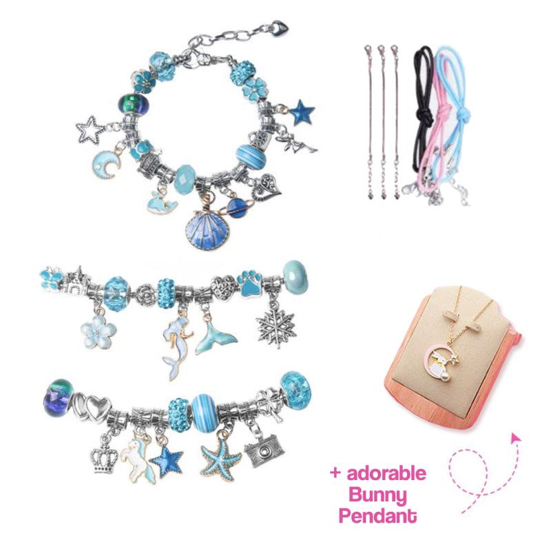Kids bracelet-making kit with blue themed charms, metal spacer beads, snake chains, colorful cords, and an adorable bunny pendant gift set