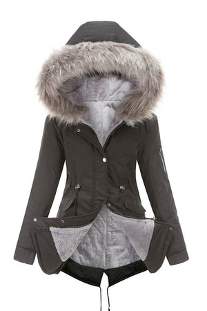 Black Fur Collar Fleece Coat with hood, adjustable features, and soft fleece lining for warmth and style