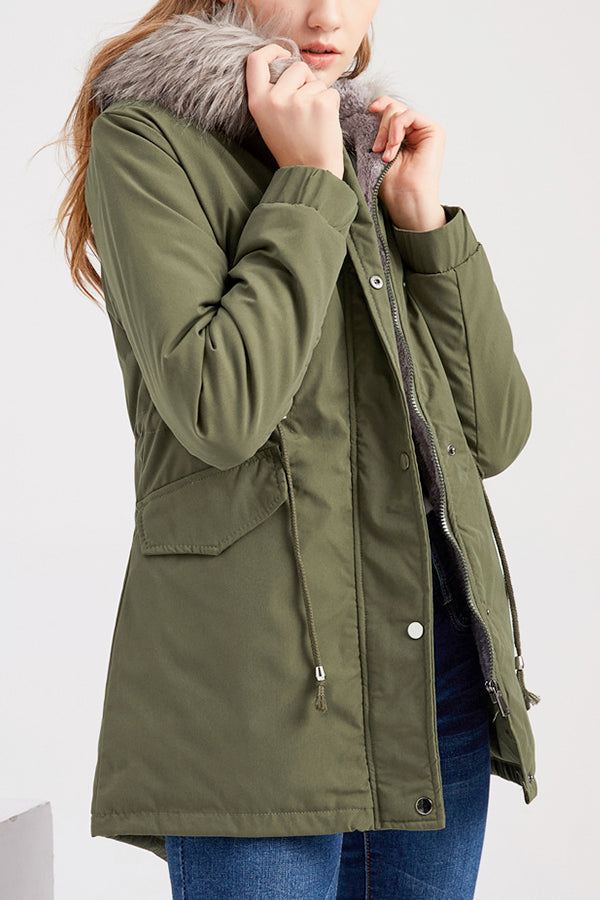 Women's olive green Fur Collar Fleece Coat with hood and adjustable details, mid-length warm winter jacket