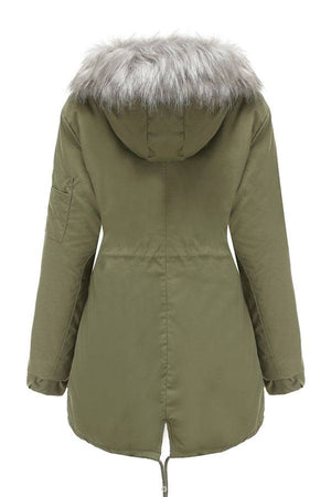 Olive green mid-length Fur Collar Fleece Coat with hood and adjustable features, designed for warmth and style