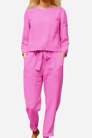 Pink retro monochrome linen two-piece set with long sleeves and tie-waist pants