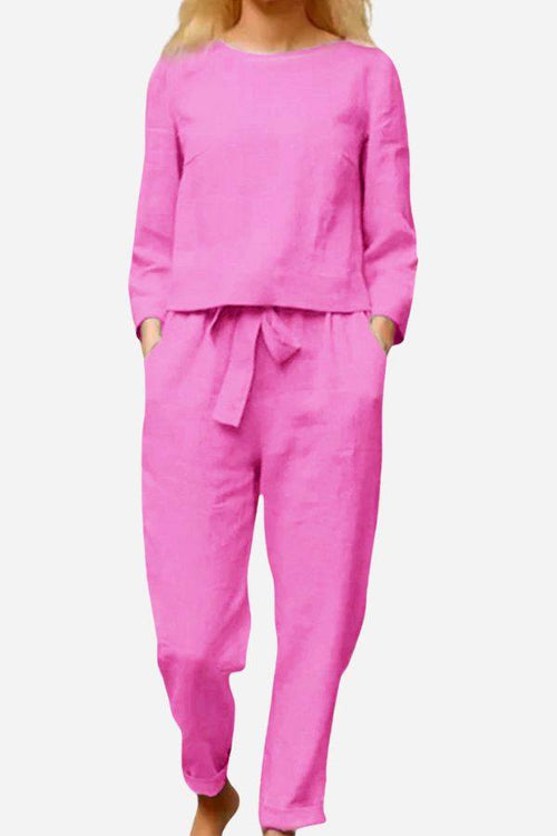 Pink retro monochrome linen two-piece set with long sleeves and tie-waist pants