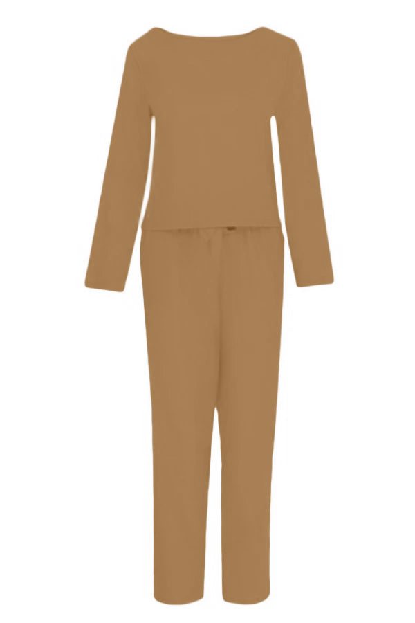Retro Monochrome Linen breathable cotton linen two-piece set in brown with long sleeves and pants