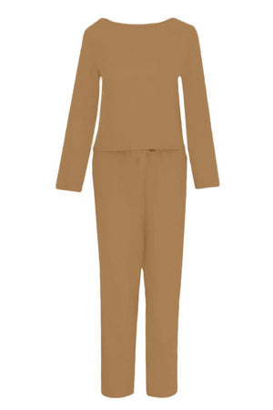 Retro monochrome linen two-piece set with long sleeves and pants in breathable soft fabric