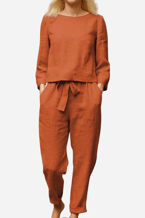 Retro monochrome linen two-piece set in breathable cotton blend with long sleeves and drawstring pants