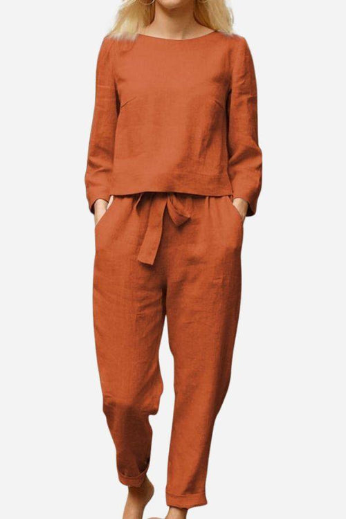 Retro monochrome linen two-piece set in breathable cotton blend with long sleeves and drawstring pants