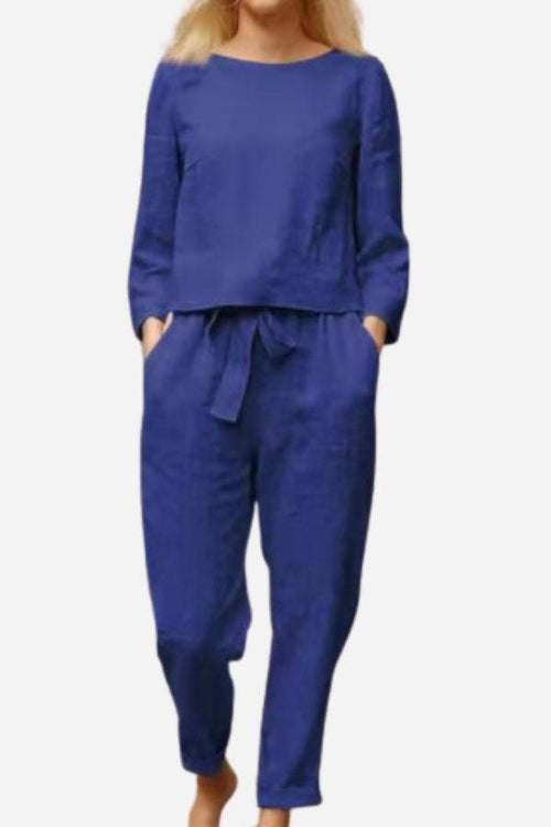 Retro monochrome linen two-piece set in breathable cotton blend with long sleeves and tapered pants