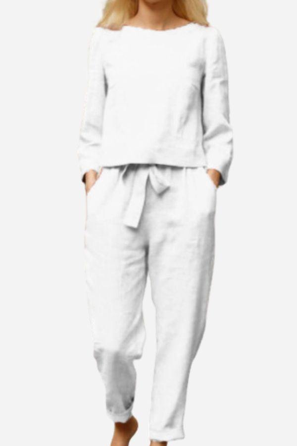 White 100% cotton linen monochrome two-piece women's set with long sleeves and tie-waist pants