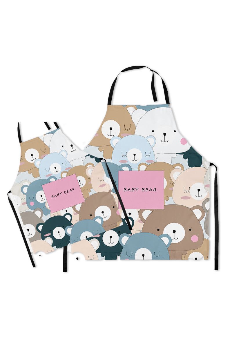 Matching Mommy & Me Apron Set with cartoon bear pattern, oil-proof cotton linen, and convenient pockets for kitchen bonding