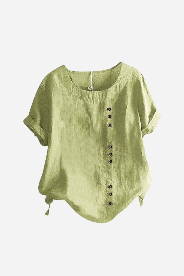 Light green relaxed fit linen button-up tee with short sleeves and side ties