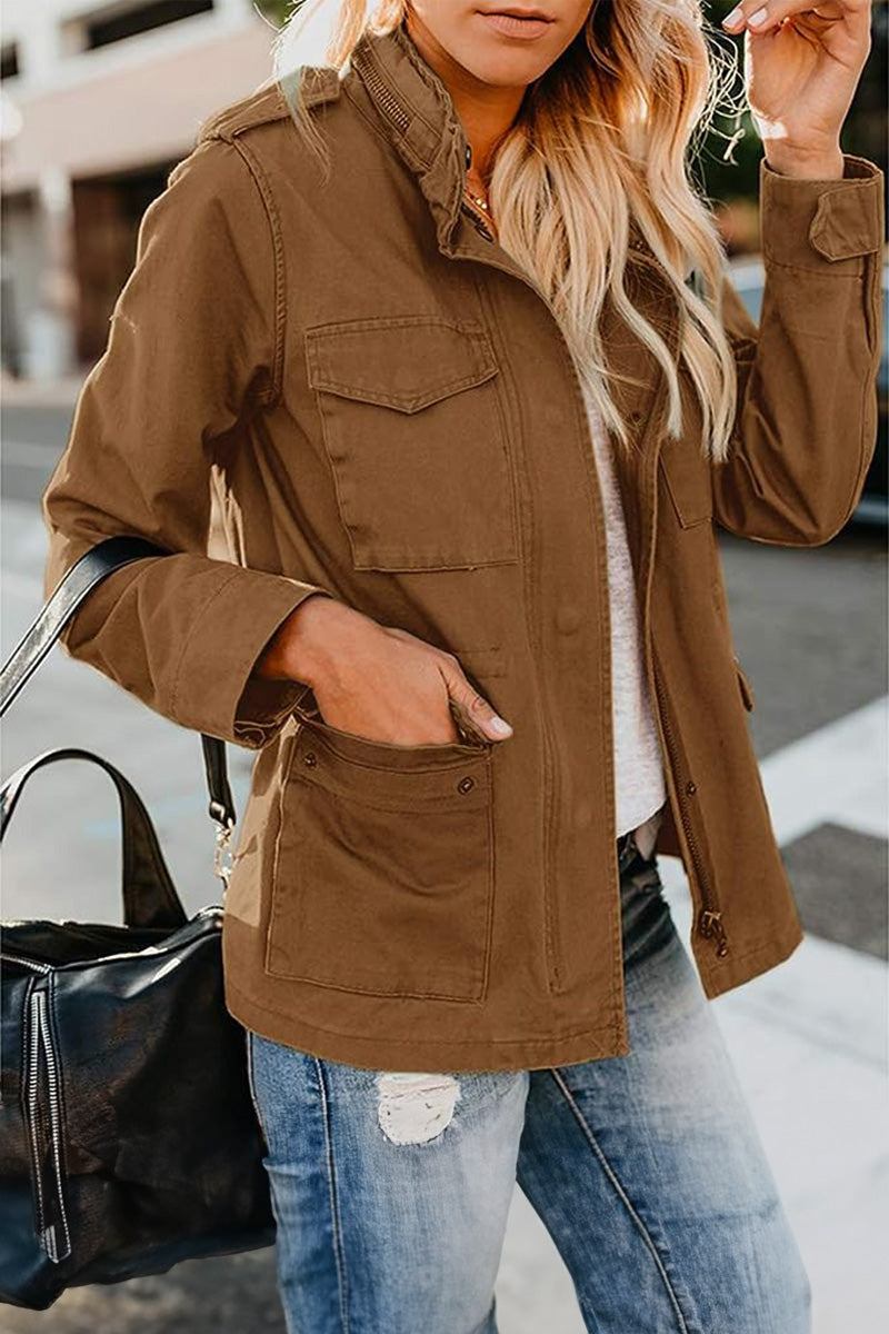 Fashion Cargo Utility Jacket in brown with multiple pockets and adjustable waist, styled with casual jeans and a black bag.