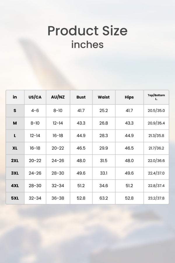 Size chart for Loose Solid Color Two-Piece Set in inches with bust, waist, hips, and top/bottom lengths for sizes S to 5XL.