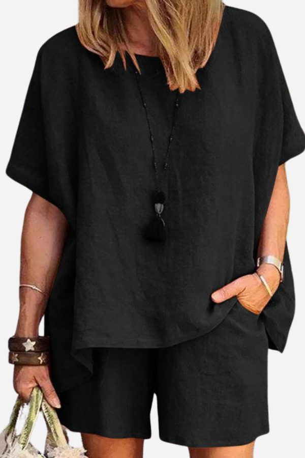 Comfy linen-like shirt and shorts two-piece set in black, loose fit, breathable fabric for casual and versatile wear
