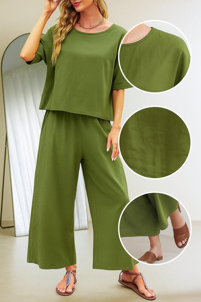 Olive green loose fit co-ord set with relaxed short sleeve top and wide-leg pants, casual and comfortable daily wear.