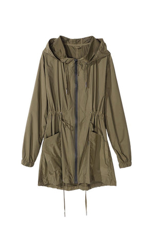 Travel Ready Outdoor Raincoat windbreaker with hood and front zipper in olive green, compact and waterproof with elastic waist and large pockets.