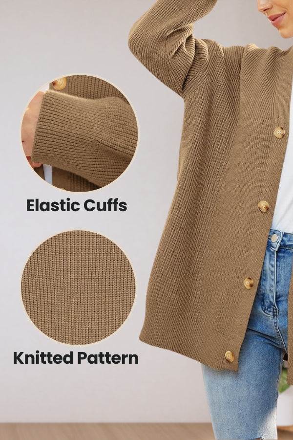 Relaxed fit oversized knit cardigan with elastic cuffs and button-down front in brown.