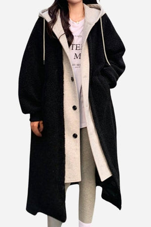 Everyday wear oversized sherpa long coat in black with beige lining and button closure