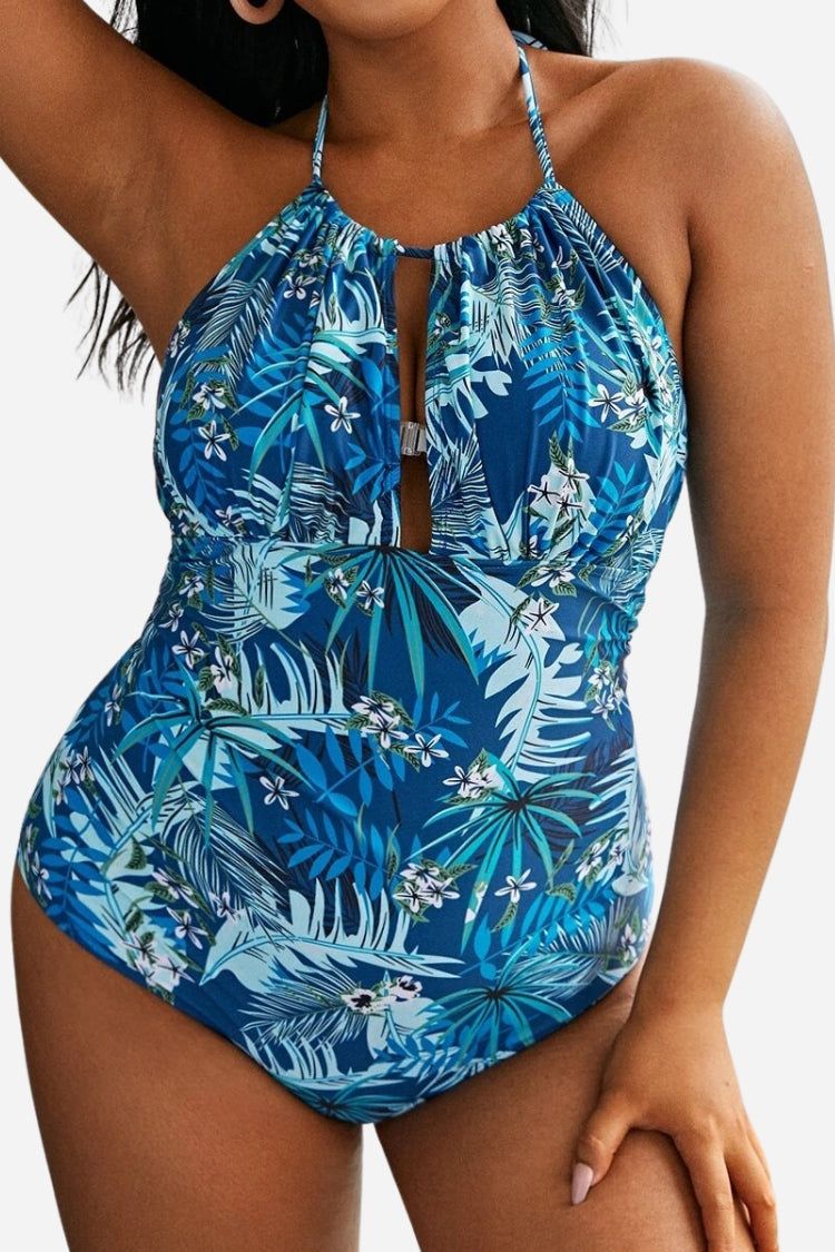 Curvy Comfort Plus Size one-piece swimsuit with blue tropical floral print and ruched bust detail