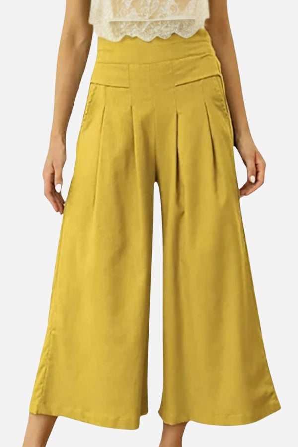 Sun-Kissed Elegance lightweight yellow palazzo pants with breathable fabric and flattering fit for summer wear