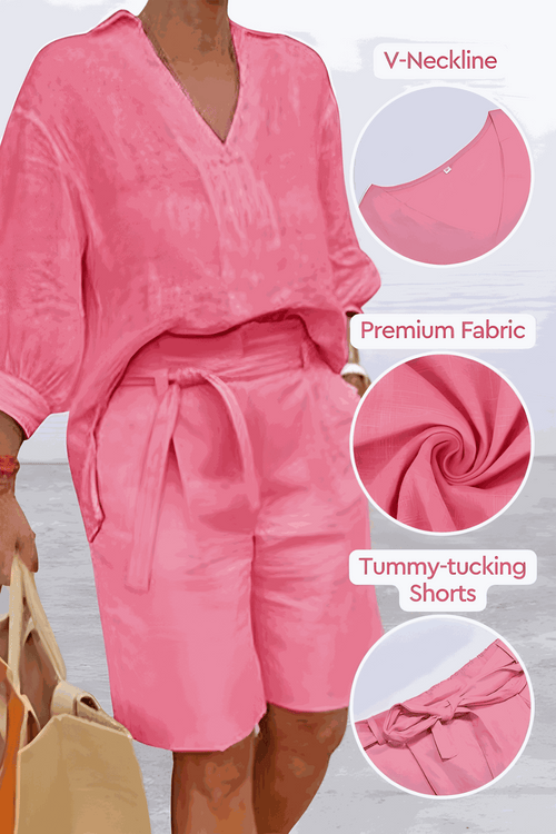 Pink two-piece set with loose V-neck shirt and high-waisted tummy-tucking shorts in premium cotton fabric